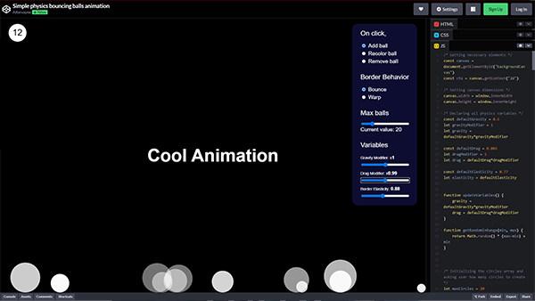 Animation en JS, Une animation physique de balles rebondissantes avec variables